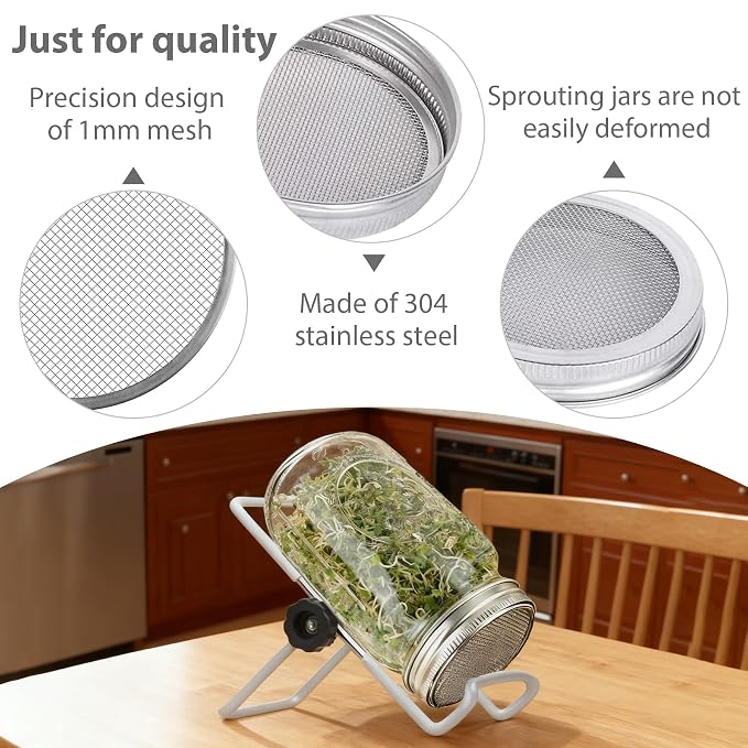 Seed Sprouting Jar Lid Kit with 9 Pack Stainless steel filter sheet and 4 Pack Stainless Steel Sprouting Stands for 86mm Wide Mouth Mason Jars for Growing Organic Sprouts 316 Stainless Steel（6 Pack）