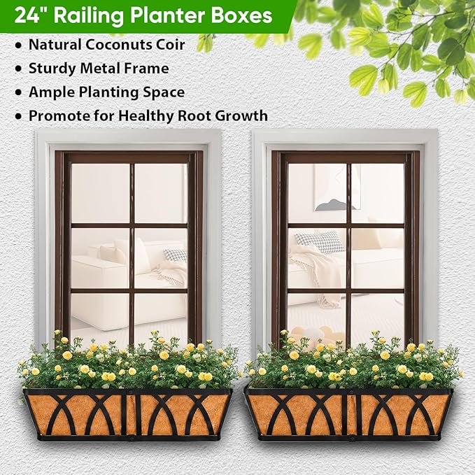HKZ Deck Balcony Railing Planter Window Boxes - 2 Pack 24 Inch Planter Box, Balcony Planters Railing Hanging, Window Boxes Outdoor Fence Planters