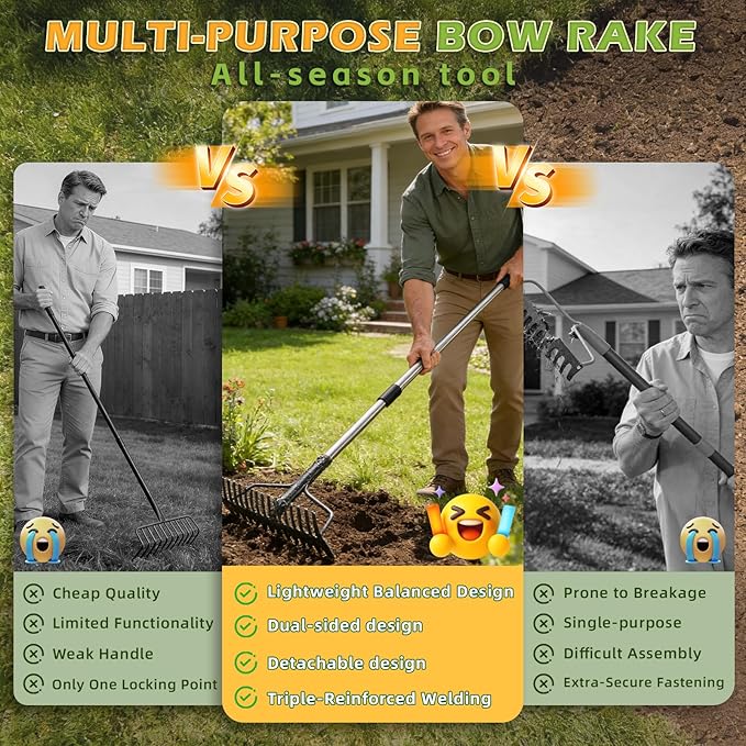 Bow Rake , 2-in-1 49in Metal Garden Lawn Rake for Weeding Digger Loosening Soil Raking Leaf Leveling Rocks Spreading Mulch Gravel 17 Tines Adjustable Garden RakeBow Rake (49 Inch)
