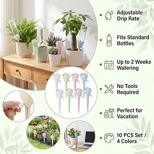 Self Watering Spikes for Plant - Automatic Plant Watering Spikes Devices with Adjustable Control Valve Switch for Indoor & Outdoor Potted Plants! (3 Each of Pink, Green 2 Each of Blue, White)