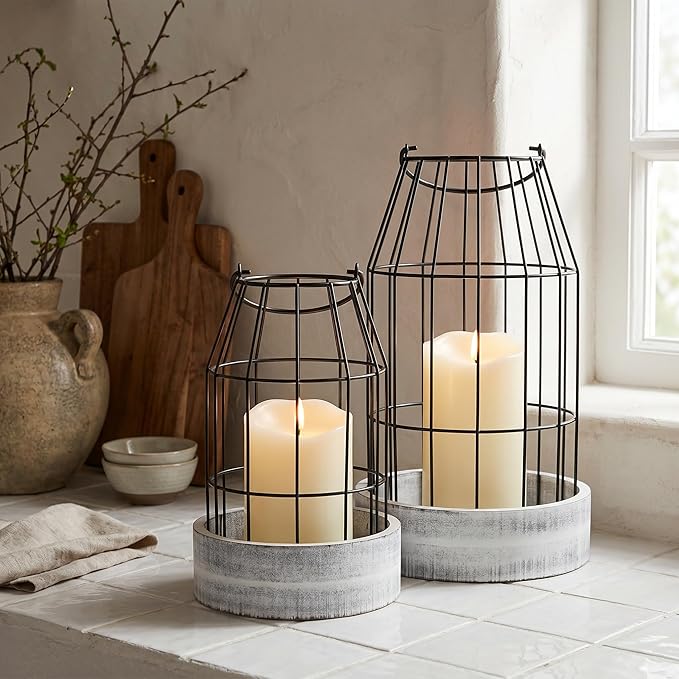 Rustic Farmhouse Lantern Decor Set of 2 - Stylish Decorative Lanterns for Your Living Room, Patio & Porch or Kitchen Dining Table - Modern Indoor/Outdoor Coffee Table Decor for Your Entire Home