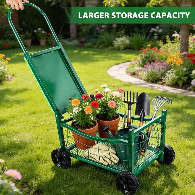 Garden Rolling Work Seat with Wheels, Padded Foam Cushion, Wire Mesh Storage Basket, Steel Frame, Hold Max. 350Lbs