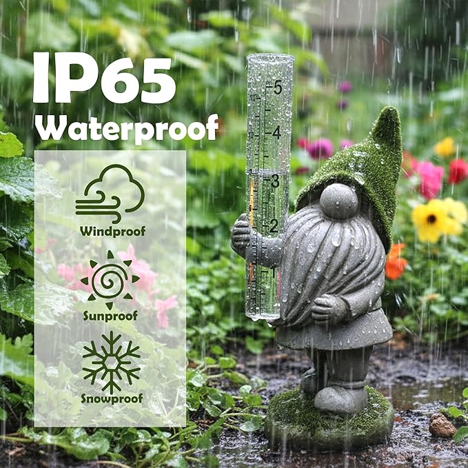 Yard Gnomes Weather Station With Rain Gauge For Garden Statue Yard Decorations, Solar Glass Freeze Proof Rain Measure Gauge Outdoor Stratus Raingage Garden Stakes, Outdoor Yard Outdoor Statue Decor