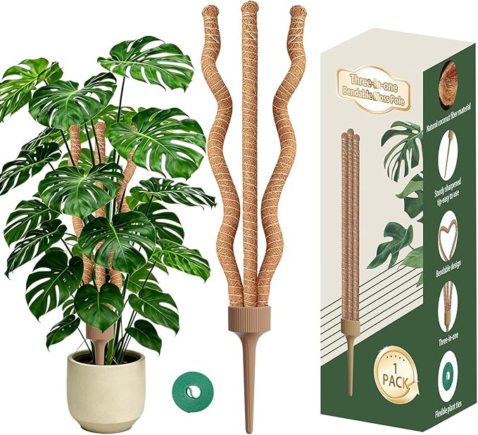 3-in-1 Moss Pole, Bendable Monstera Plant Support, 30Inch Moss Poles for Climbing Plants, Plant Stakes for Indoor Plants, Plant Support for Monstera, Pothos - 1 Pack