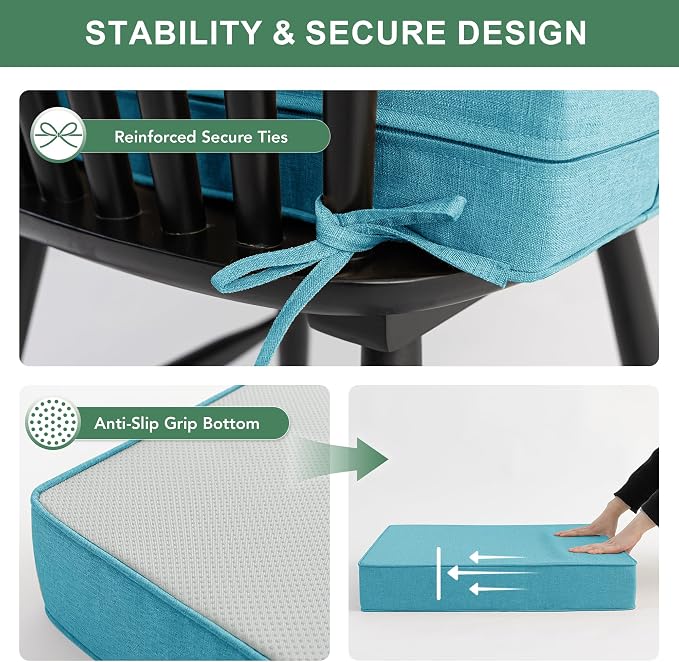Summsun Faux Linen Outdoor Chair Cushions, Water Resistant Backrest and Deep Seat Cushion Set with Removable Cover, Straps, Non-Slip Bottom for Patio Furniture, 24 x 24 Inch, Teal, Set of 4