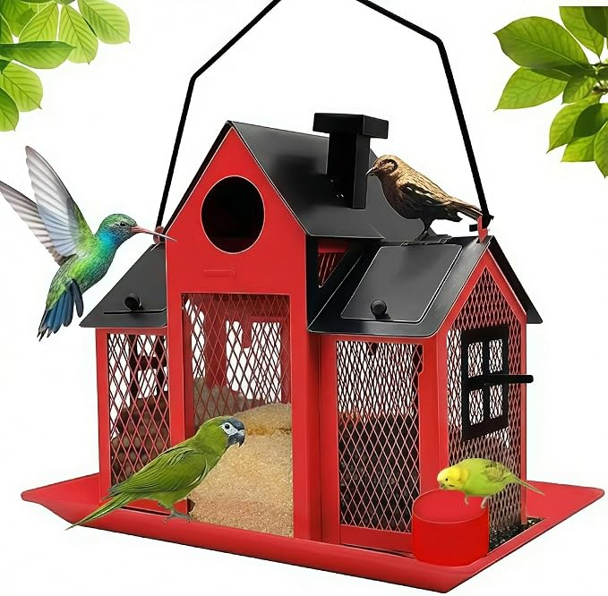 Solar Bird Feeders House for Outside Hanging, Metal Wild Bird Feeder for Outdoors Large Capacity Cardinal Birdfeeder Birdhouses Metal Bird Feeding Station Red