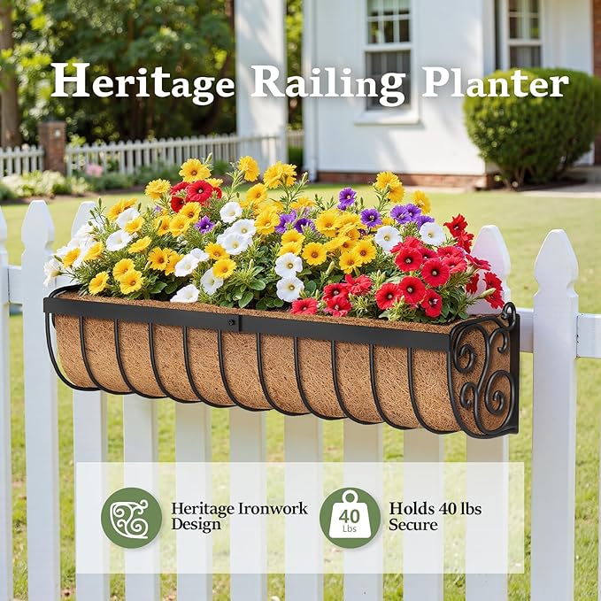 VOXOR Railing Planter Boxes, 30 Inch Window Boxes Planters, Balcony Planters with Adjustable Brackets & Coco Liner for Outdoor Fence, Deck, Porch, and Patio Gardening, 2 Pack