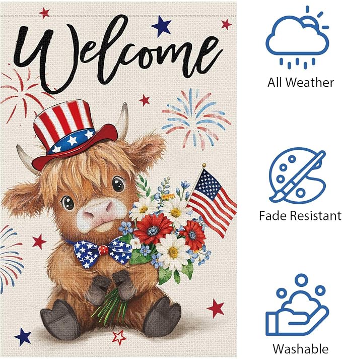 Heyfibro Welcome 4th of July Patriotic Garden Flag 28x40 Double Sided Burlap, Highland Cow with American Flag & Fireworks Yard Banner for Rustic Daisy Independence Day Outdoor Decor