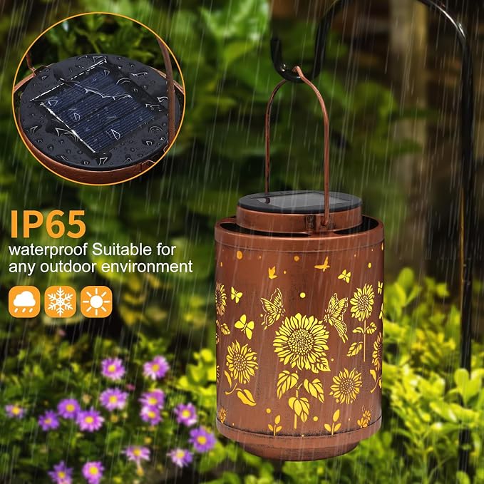 Tepaken 2 Pack Solar Outdoor Lanterns, Garden Decor LED Light Hanging Waterproof Solar Metal Lantern Birthday Gifts for Women Mon Grandma Sunflower Solar Lights Outdoor Decoration(Butterflies)