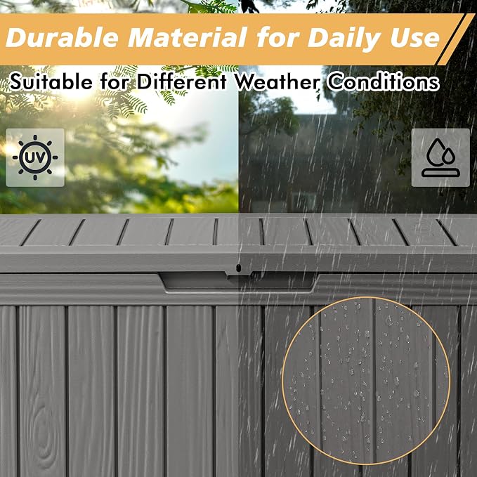 Fancyango 90 Gallon Outdoor Deck Box Waterproof, Large Storage Box for Patio, Resin Storage Bench Lockable for Garden Tools, Package Delivery, Grey