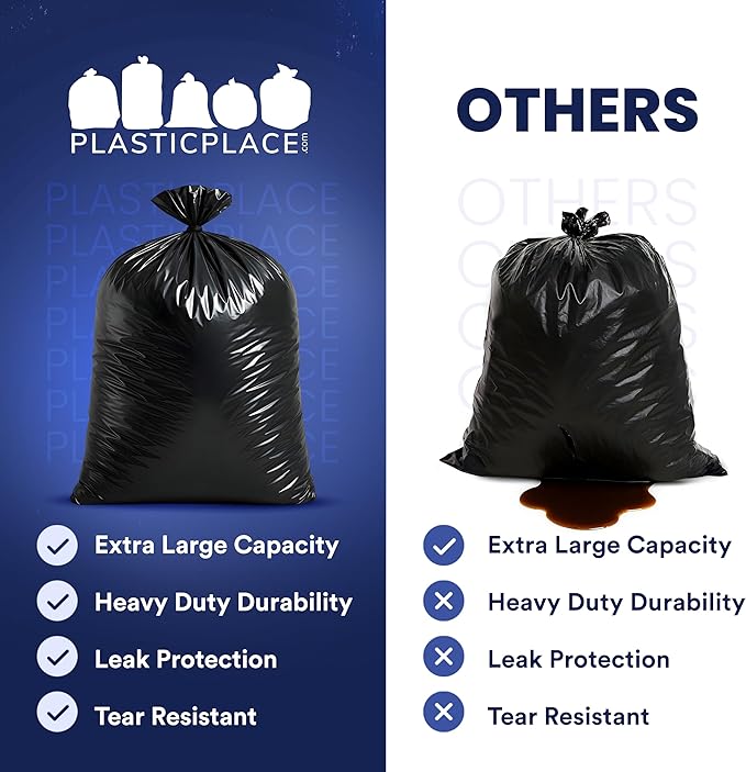 Plasticplace 64-65 Gallon Trash Can Liners for Toter │ 1.2 Mil │ Black Heavy Duty Garbage Bags │ Rolls │ 50” x 60” (100 Count)