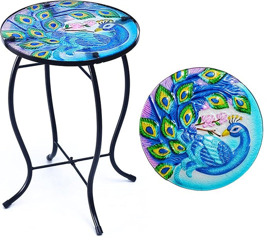 Peacock Patio Side Table, Small Patio Outdoor Side Table, Plant Table,Metal Glass End Table for Porch Garden Yard Pool.
