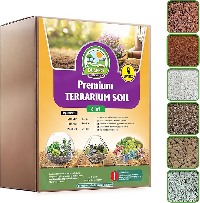 DUSPRO Premium 6in1 Terrarium Soil Mix – Pre-Mixed Terrarium Substrate Mix for Terrariums, Balanced Moisture Growing Medium with Coco Coir, Peat Moss, Pine Bark, Perlite, Pumice & Zeolite 4QRT