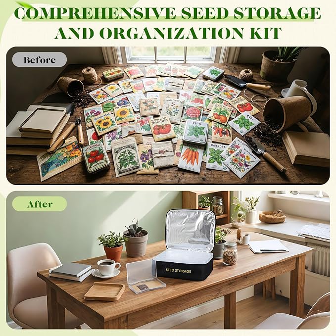 Redbaker 26 Slots Seed Storage Organizer Box with Insulated Bag 30 Seed Envelopes Bag and 40 Label Stickers, Garden Seeds Container for Plant, Flower, Vegetable Seeds