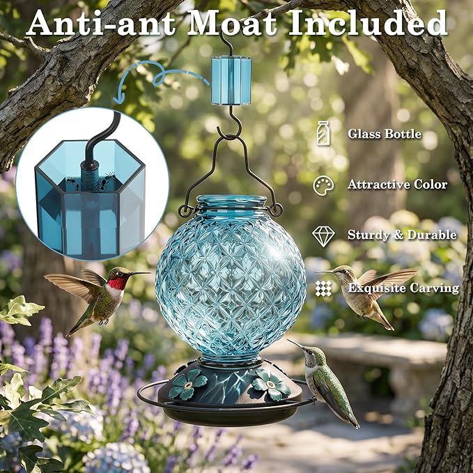 25 OZ Glass Hummingbird Feeder for Outdoors, Leak Proof Hummingbird Feeder with Ant Moat, 4 Bee Resistant Feeding Ports, Easy Clean Wide Mouth Design, 360° Perch, Hanging Nectar Feeder, Blue