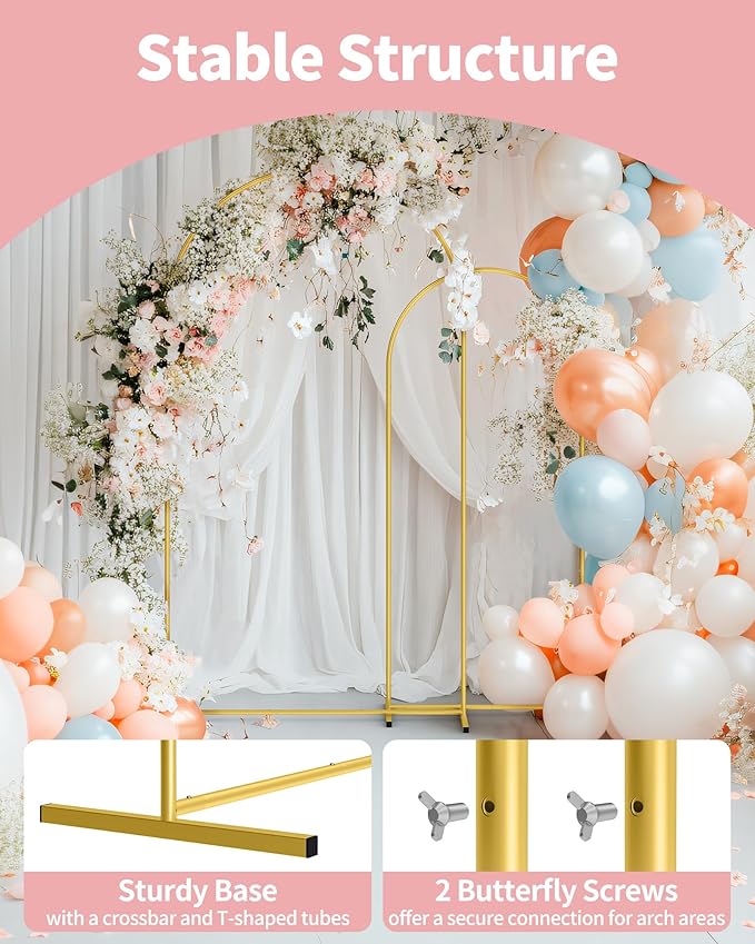 Pureegg Metal Arch Backdrop Stand Set - Set of 2 (7.2ft/6.0ft), Gold Wedding Stand with Stable Base, Elegant Backdrop Cover for Party, Birthday, Baby Shower, Graduation, Easy to Assemble