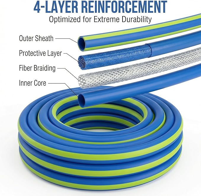 PremiumPro 50FT 5/8" Heavy Duty Reinforced Garden Hose, Large Flow,600 PSI Burst Pressure, Four Layer Hybrid Polymer Anti Kink with 360 Swivel Brass Connectors and handle for yard,washing & irrigation