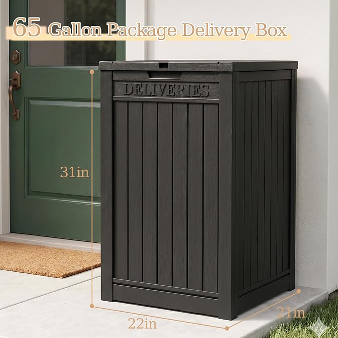 Outdoor Storage Box, 65 Gallon Package Delivery Boxes for Outside, with Lockable Secure, Deck Box Outdoor Waterproof for Entryway, Front Porch, Backyard, Garden, Patio, Lawn, Black