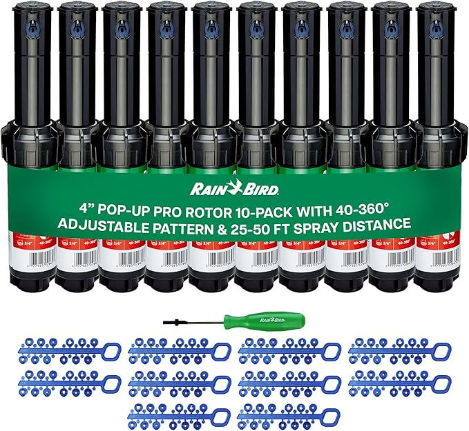 Rain Bird 5000 Rotor with Nozzle Tree 10 Pack (5000RCTREE) + Rotor Screwdriver Tool (CPRTOOL) - 3/4 inch Inlet for Water Efficient 4 inch Pop Up, Adjustable 40 - 360 Degree Arc & 25 - 50 ft Radius