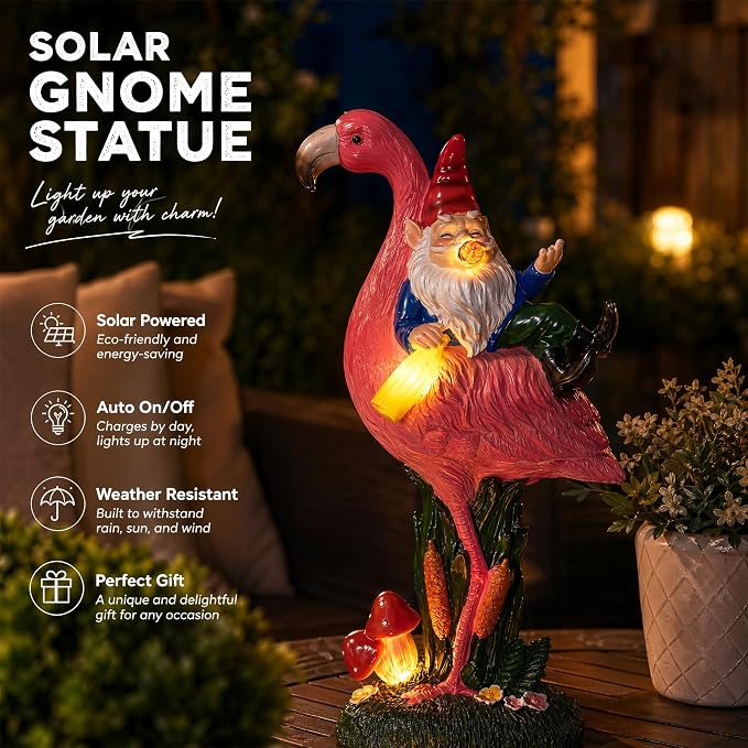 Candieslife Middle Finger Gnome Riding Flamingo 13in, Funny Garden Statue Solar Powered Outdoor Yard Decor with LED Beer Bottle & Mushrooms, Waterproof Naughty Lawn Ornament Gag Gift for Patio, Porch