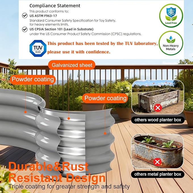 Rakukiri Raised Garden Bed Outdoor, GRS Certified Recycled Metal Planter Box 2 Sets, 4FT Galvanized Oval Herb Garden Kit, Bottomless Large Garden Beds for Vegetables Flowers, Rust-Resistant Gray