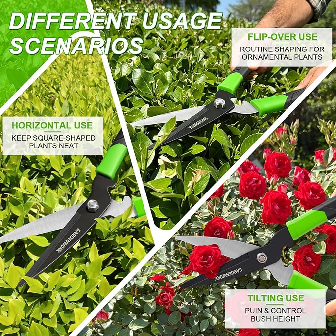 GARDENWORK Hedge Clippers Shears with Teflon Coated,High Carbon Steel Blades,Bush Cutters Trimmer with Comfort Grip Handles,Lightweight 16 in Garden Clippers for Gardening Yard