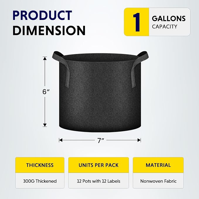 iPower 12-Pack 1 Gallon Grow Bags Heavy Duty Thickened Aeration Nonwoven Fabric Pots with Nylon Handles and 12 Labels for Planting Vegetables, Fruits, Flowers, Black