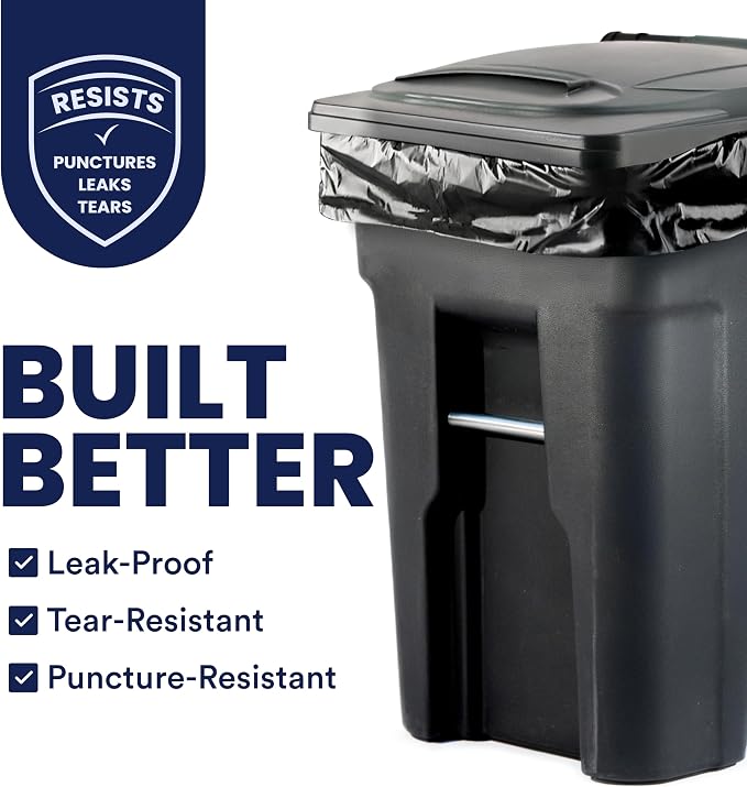 Plasticplace 95-96 Gallon Heavy Duty Black Trash Bags - Contractor Grade, Extra Large Garbage Bags for Construction & Outdoor Trash Cans, 1.2 Mil Thick, 61” x 68” (15 Count Roll)