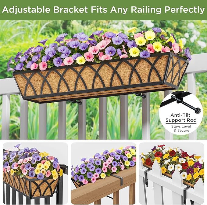 Y&M 4 Pcs 30'' Deck Railing Planters Outdoor Balcony, Large Metal Window Box Deck Railing Planter with Coco Liner for Outdoor Balcony Porch Fence Patio Rail