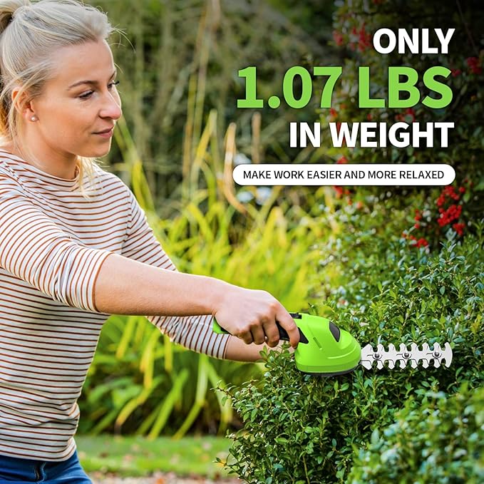 FULLYEA Cordless Hedge Trimmer, 2 in 1 Handheld Cordless Grass Shears with 2.0Ah Battery and Type-C Cable Included, Lightweight Bush Trimmer Grass Cutter for Garden Yard Lawn(Green)