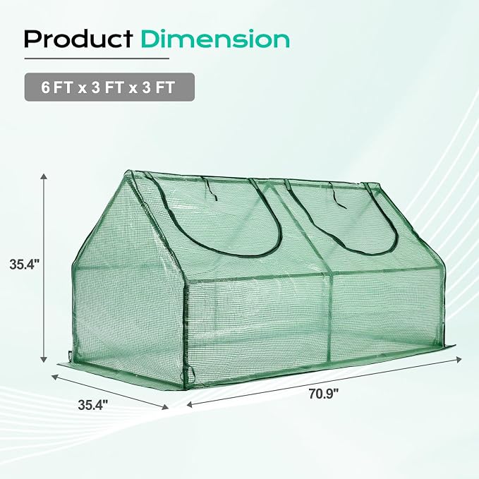BPS 6x3x3 ft Mini Greenhouse with Green PE Cover Cover UV-Protected Roll-Up Zipper Windows, Ideal for Indoor or Outdoor Use on Raised Garden Beds