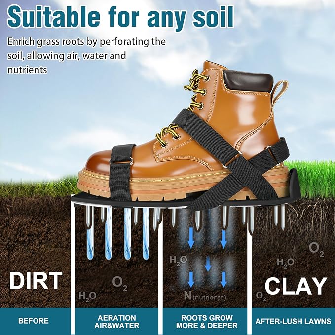 MOFEEZ Lawn Aerator Shoes for Grass - Pre-Assembled Grass Aerator Shoes for Lawn - Soil Yard Aerator Tool for Aerating Patio Garden, Black, Small