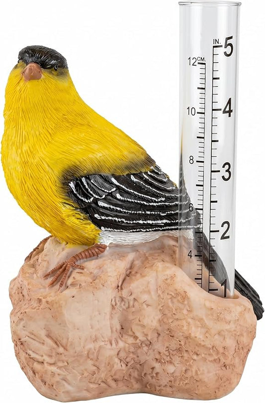 Gift Essentials Goldfinch Decorative Rain Gauge Outdoor - Resin Bird Figurine on Rock Base - Removable Tube Measures Up to 5 Inches of Rainfall - Garden Decor Gift