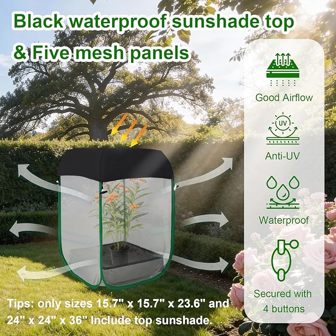Butterfly Habitat Cage 15.7" x 15.7" x 23.6", Pop-up Caterpillar Enclosure with Poop Tray for Easy Clean, Outdoor Monarch Butterfly & Insect Net Cages Terrarium with Sunshade Top.