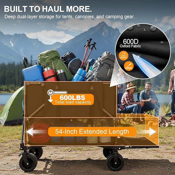 Double Decker Wagon Heavy Duty Collapsible, 600LBS 400L Capacity Foldable Utility Cart with Big Wheels for Beach, Outdoor, Camping & Gardening, Durable Steel Frame