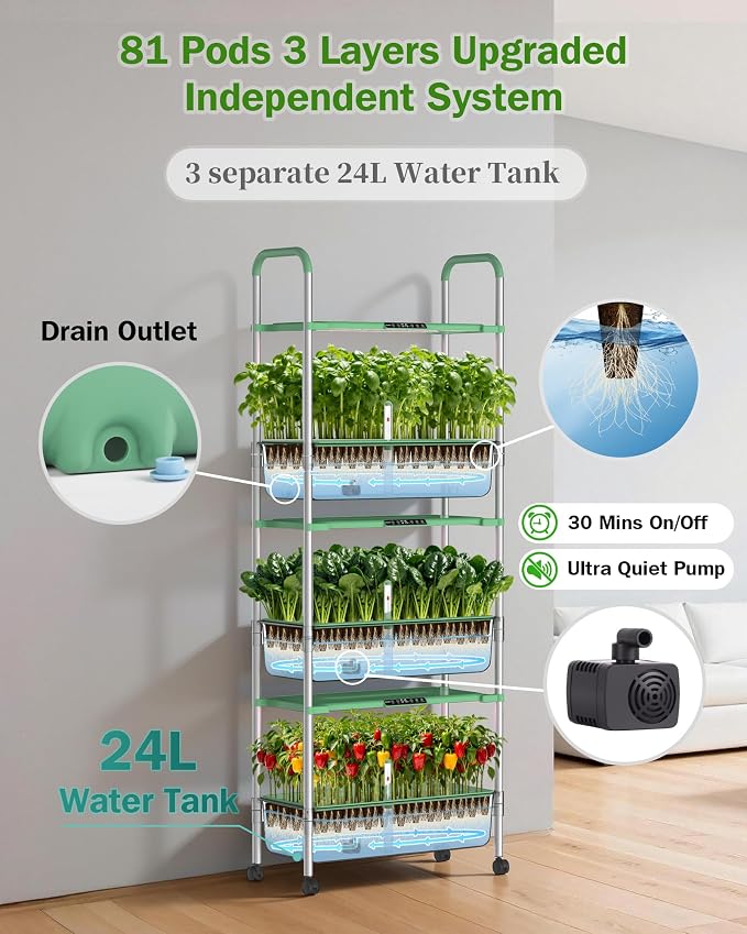 Growell Large Hydroponics Growing System Kit, 81 Pods Vertical Indoor Herb Garden Kit with LED Grow Light & Independent Water Pump, 42L Movable Indoor Planter Perfect Gardening Gifts (3 Tier-Green)