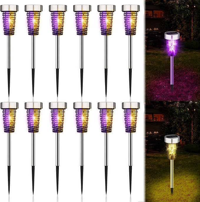 Qualirey 4 Pack Solar Bug Zapper Outdoor Waterproof Mosquito Repellent Killer Bug Zapper Lamp with LED Light for Outdoor Garden Patio Yard (Purple and Warm Light,Silver)