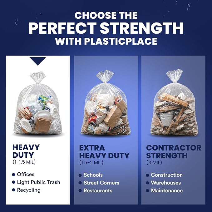Plasticplace 56 Gallon Trash Bags - Clear High Density Garbage Bags - Heavy Duty, Scent-Free, Large Trash Can Liners for Kitchen, Commercial, & Garden Use 16 Microns, Leak-Proof, 43" x 48" (150 Count)