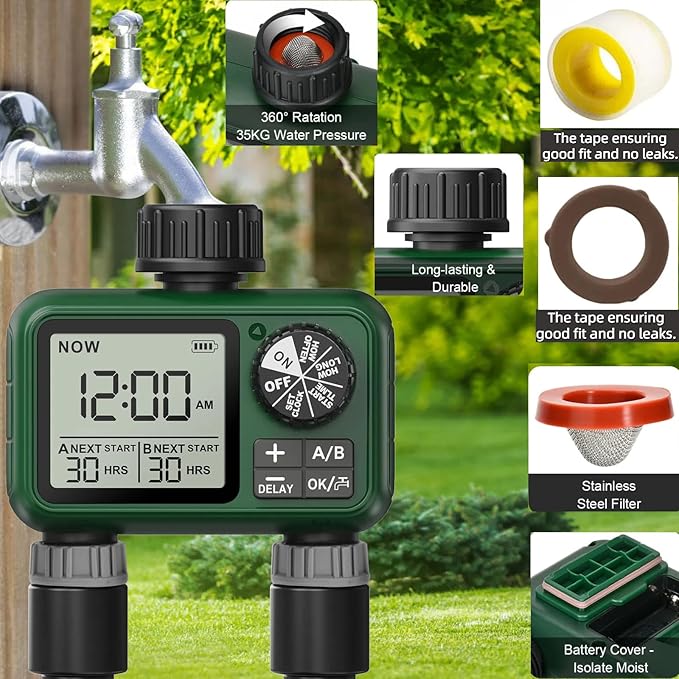 Water Timer for Outdoor Garden Hose, Sprinkler Timer for Garden Faucet with Auto/Manual/Rain Delay Mode, Sprinkler Irrigation Controller for Yard Lawn (2 Zone Plastic Inlet)