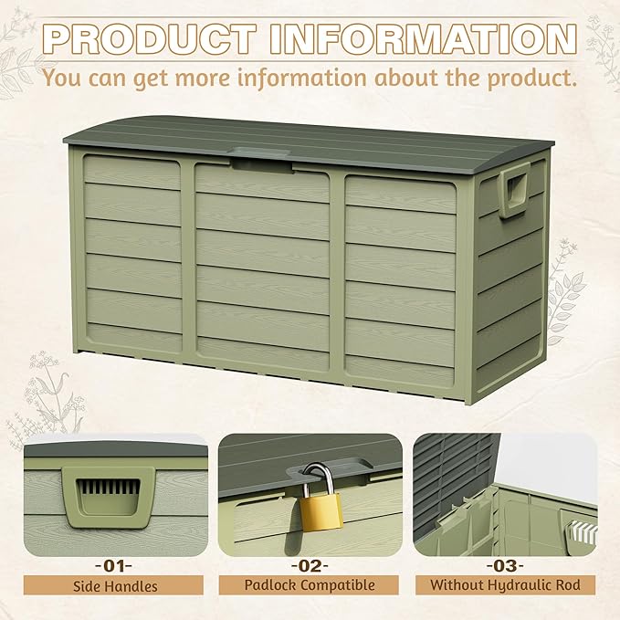 75 Gallon Outdoor Deck Storage Box – Heavy Duty Resin with Lockable Lid, Waterproof & UV Resistant for Patio Furniture, Garden Tools(Green)