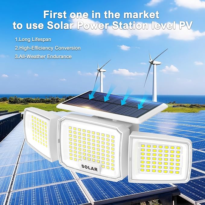JEJOT White Solar Security Light Outdoor Super Bright LED, Motion Sensor Flood Light, 3 Heads 270° Wide Angle, Remote Control, IP65 Waterproof, 3 Modes (6 Packs)