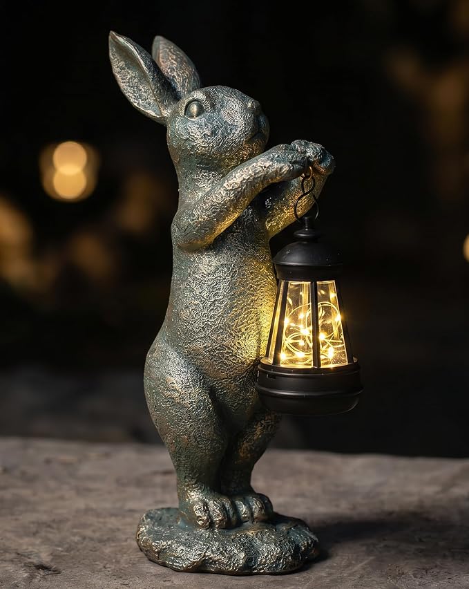 C&Y&G&X Garden Statue Rabbit with Solar Lantern - Outdoor Bunny Figurine Decor with LED Lights, Weather-Resistant Resin Animal Yard Art Sculpture for Patio, Lawn, Pathway, and Housewarming Gift
