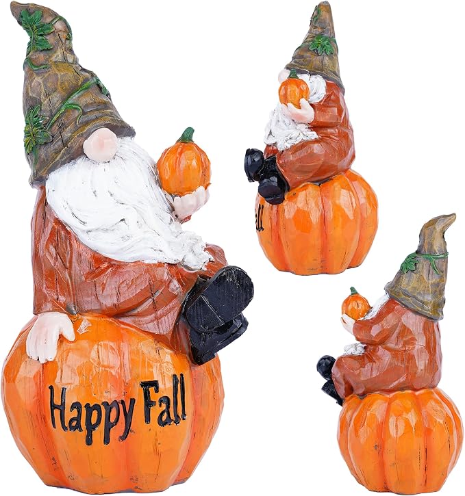 Topadorn Fall Garden Gnome Figurine Sitting on Pumpkin Statue Autumn Harvest Garden Gnomes Statue Figurine for Patio Yard Lawn Porch Decoration, Happy Fall