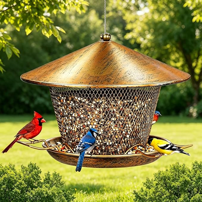 Metal Bird Feeder for Outdoor Hanging, Heavy Duty Waterproof Bird Feeder for Outside with 9.8" Roof, 3.5 LBs Seeds Capacity, Easy to Fill & Clean