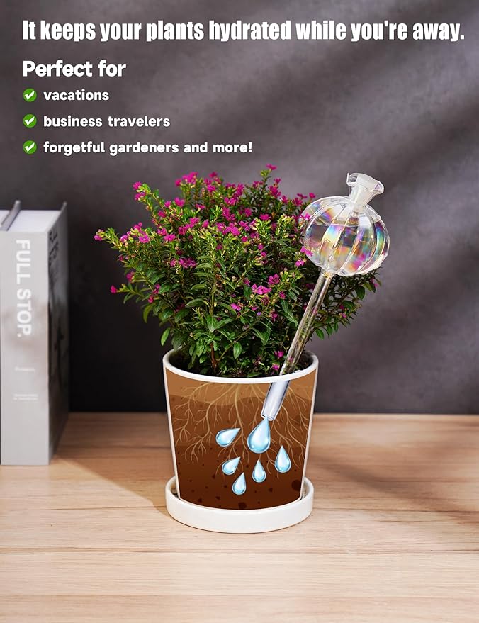 NiHome Cactus-Shaped Glass Plant Self-Watering Globes 6-Pack, Glass Waterer Stakes for Potted Plants, Automatic Mini Irrigation System, Adorable Gardening Tool (Iridescent, 3 Large + 3 Medium)