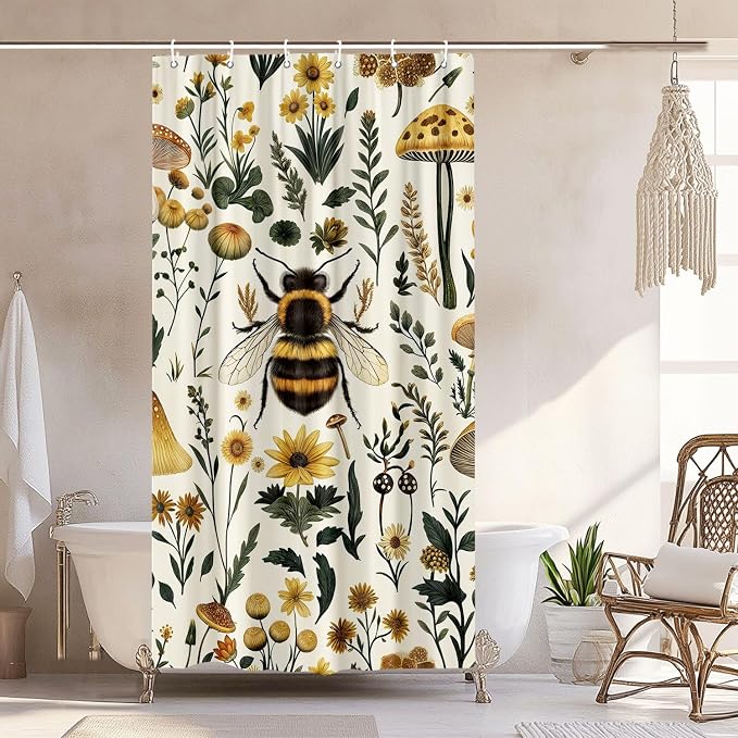 Rustic Boho Mushroom Shower Curtain, Vintage Chic Bee Mushroom Botanical Floral Farmhouse Cottagecore Aesthetic Shower Curtain Set with Hook, Fairy Witchy Plant Shower Curtain for Bathroom 36X72 Beige