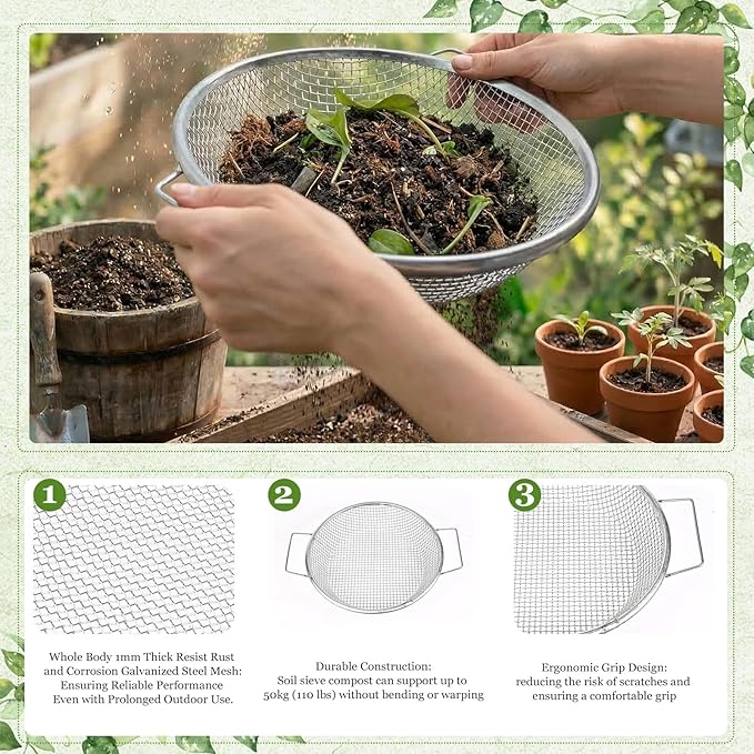 3PCS Soil Sifter for Gardening with Handles - Rock Compost Dirt Sifter for 5 Gallon Bucket, 1/4in,1/8in,3/8in Mesh Garden Sifting Screen Gravel Sawdust Vermicompost with Repotting Mat