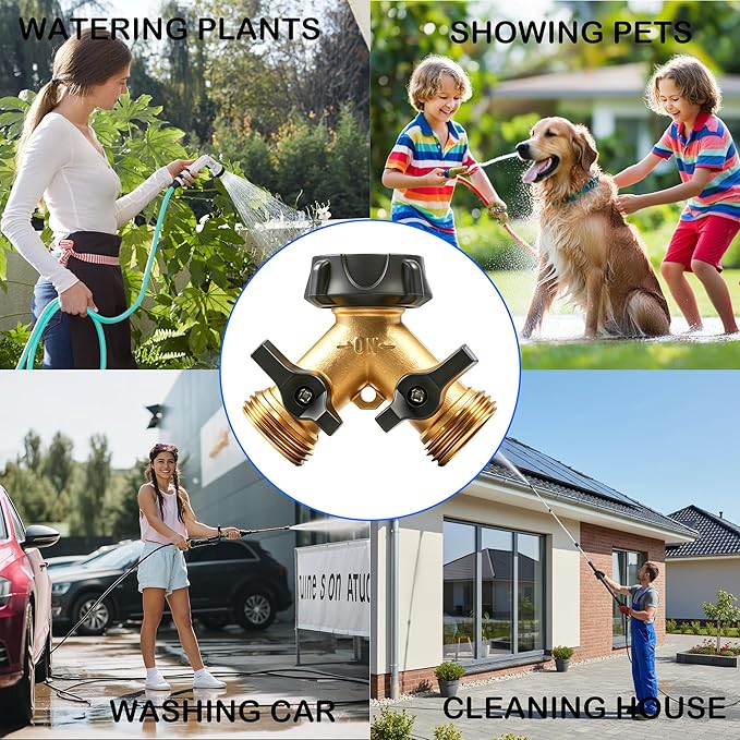 LIULO TOOL 2 Pack Brass Garden Hose Splitter 2 Way, Hose Y Splitter 3/4 Inch Heavy Duty Brass Hose Connector Tap Splitter, Hose Spigot Adapter 2 Valves with Rubber Washers