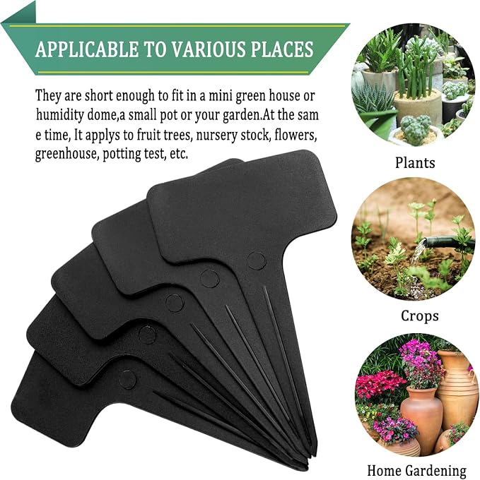 Whaline 100 Pcs Plastic Plant Labels Black T-Type Garden Stake Tags Waterproof Plant Markers Reusable Plants Signs for Outdoor Indoor Nursery Potted Plants Seed with A White Marker Pen (6 x 10 cm)