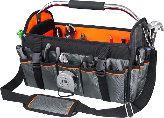 16-Inch Open-Top Tool Tote, 29-Pocket Pro Bag for All Trades | Trusted by Electricians, Plumbers & HVAC pros. Built with 1680D fabric & a padded handle for a comfortable, heavy-load carry